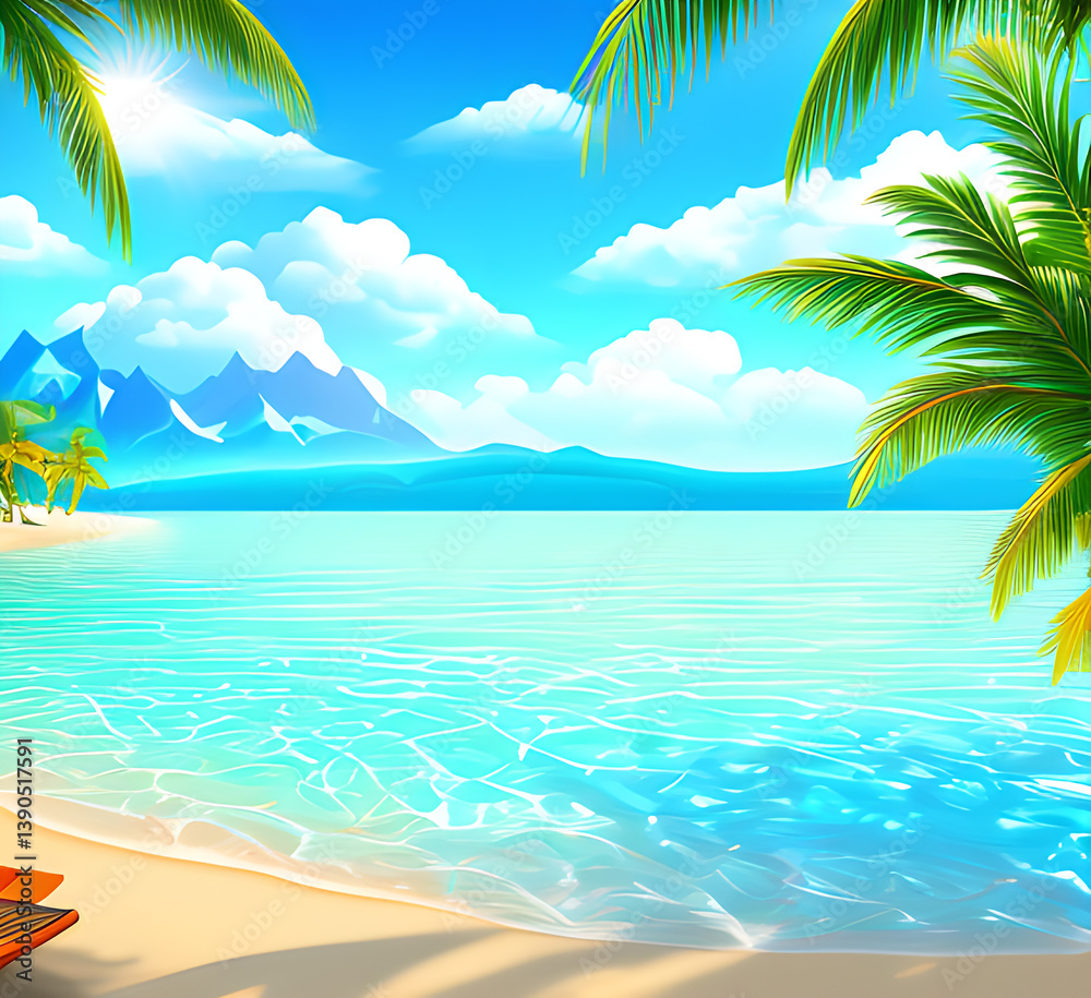 Fototapeta premium Assorted beach accessories including hats, starfish, shells, and tropical flowers laid on a white wooden background,generative ai