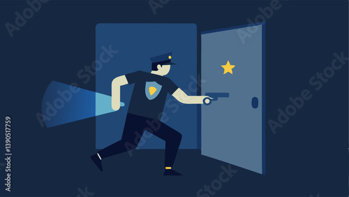 Police Entrance A law enforcement officer bursting through a door with a badge prominently displayed flashlight in hand in a dark computerfilled room.