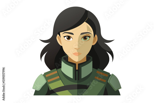 This illustration features a strong female warrior with long black hair, wearing a detailed green uniform. Her focused gaze and attire suggest a readiness for action.