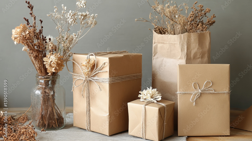 Eco-friendly kraft paper gift boxes with dried flowers and twine on neutral background minimal decor