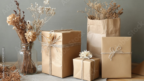 Obraz na płótnie Eco-friendly kraft paper gift boxes with dried flowers and twine on neutral background minimal decor w salonie