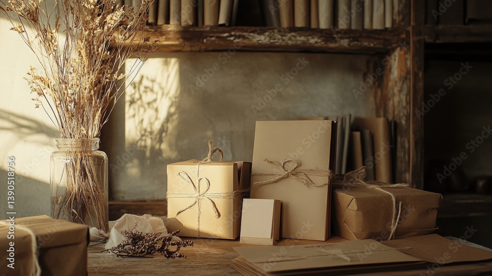 Vintage kraft paper gift wrapping with dried flowers on rustic wooden table in natural warm lighting