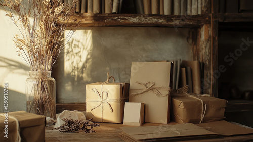 Obraz na płótnie Vintage kraft paper gift wrapping with dried flowers on rustic wooden table in natural warm lighting w salonie