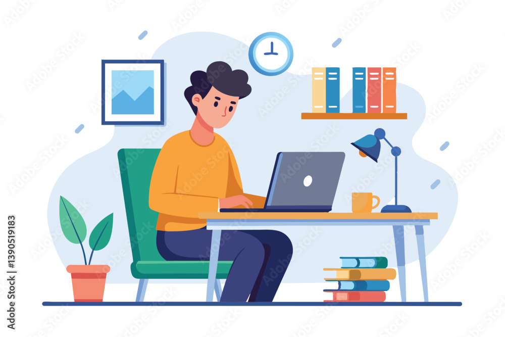 Fototapeta premium A young individual is focused on their laptop at a stylish home office desk surrounded by books, a plant, and a desk lamp, creating a productive atmosphere.