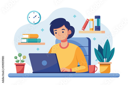 A person is sitting at a desk, focused on their laptop with books on shelves behind them and plants nearby, creating a productive workspace.