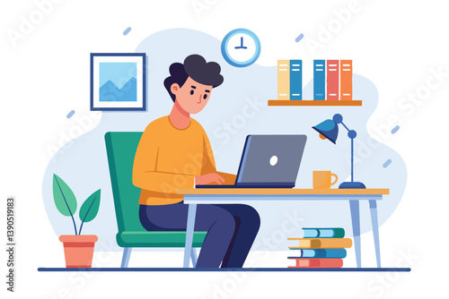 A young individual is focused on their laptop at a stylish home office desk surrounded by books, a plant, and a desk lamp, creating a productive atmosphere.