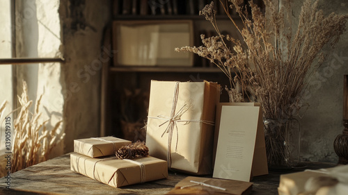 Obraz na płótnie Vintage kraft paper gift wrapping with dried flowers on rustic wooden table in natural warm lighting w salonie