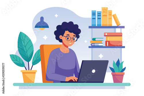 A person sits at a desk typing on a laptop, surrounded by books and plants. The warm atmosphere is enhanced by the light from a hanging lamp in a modern workspace.