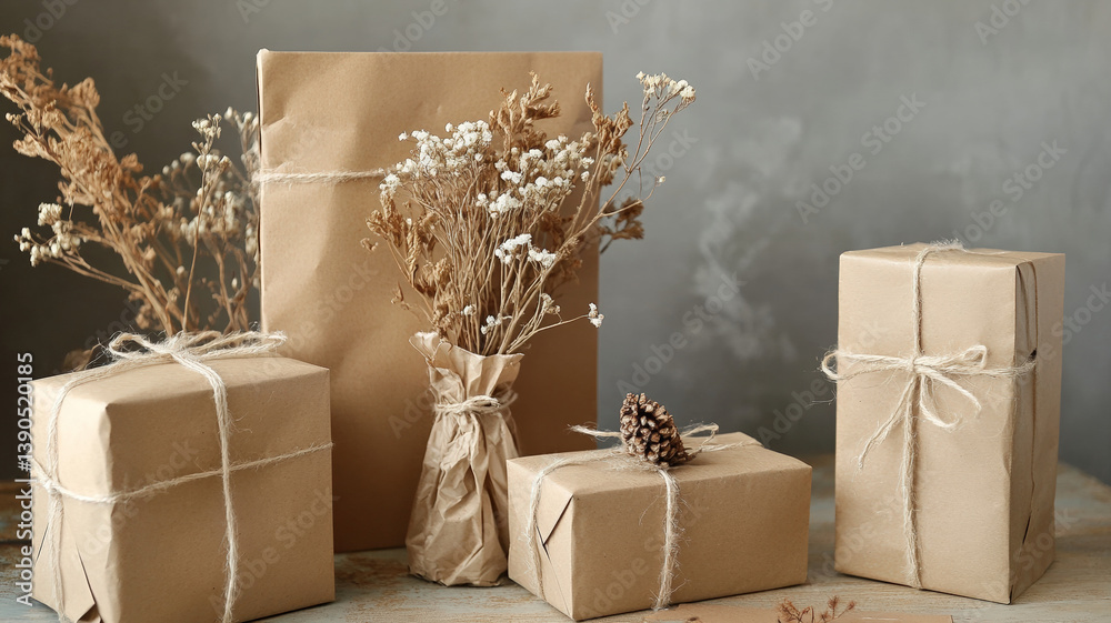 Eco-friendly kraft paper gift boxes with dried flowers and twine on neutral background minimal decor