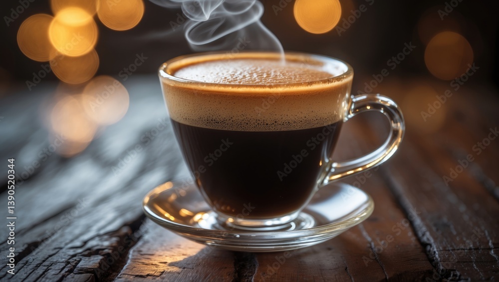 Fototapeta premium A detailed view of a hot black coffee in a clear glass mug placed on a wooden table, featuring a creamy froth layer and rising steam.