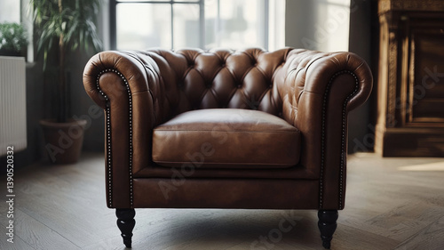 Obraz na płótnie Modern stylish leather armchair with elegant curves, minimal design, soft lighting, and cozy atmosphere w salonie
