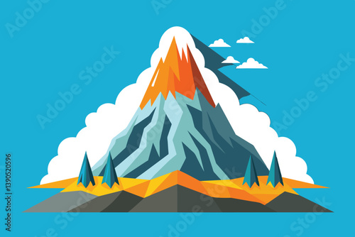 A vibrant mountain rises with an orange peak against a bright blue sky, surrounded by fluffy clouds and green trees, showcasing nature's beauty on a sunny day.