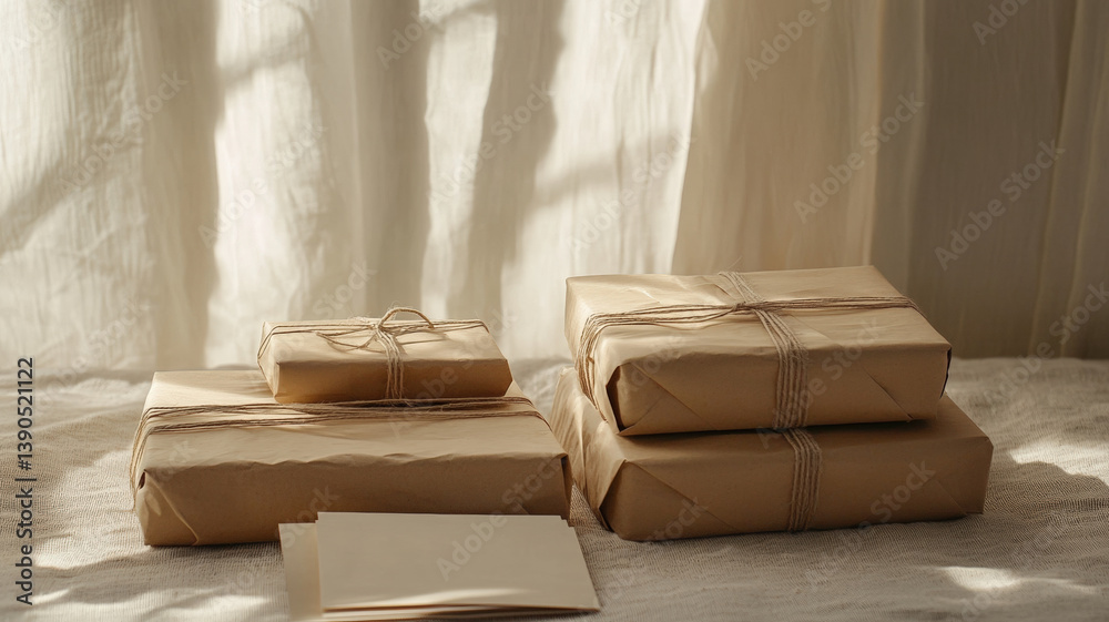 Cozy nostalgic packages wrapped in kraft paper with soft sunlight and vintage letters on fabric surface