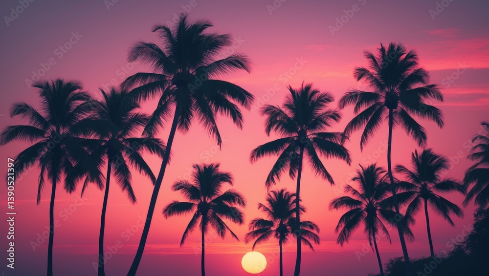 Tropical palm tree against a backdrop of colorful bokeh sunlight on sky clouds in an abstract setting. Nature travel adventure theme. Tropical palm tree against a backdrop of colorful bokeh sunlight on sky clouds in an abstract setting. Nature travel adventure theme.