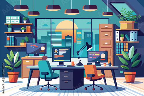 A contemporary office featuring two desks with computers, colorful chairs, vibrant plants, and a stunning view of a city skyline illuminated by a sunset.
