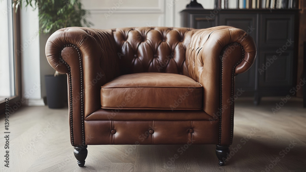 Modern stylish leather armchair with elegant curves, minimal design, soft lighting, and cozy atmosphere