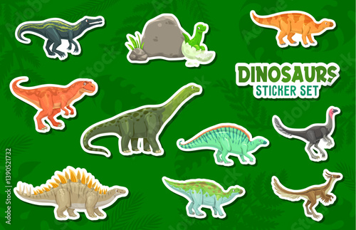 Stickers pack of prehistoric dinosaurs characters. Jurassic era extinct suchomimus, alectrosaurus, hypselosaurus and ouranosaurus, archaeornithomimus, aralosaurus dinosaurs cartoon personages stickers