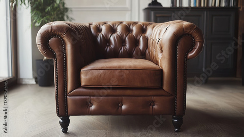 Obraz na płótnie Modern stylish leather armchair with elegant curves, minimal design, soft lighting, and cozy atmosphere w salonie