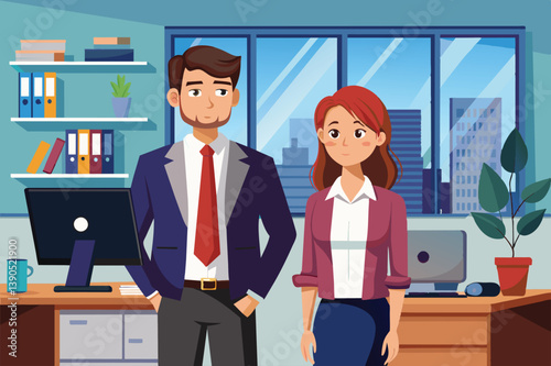 A man and woman dressed in business attire stand together in a contemporary office setting, discussing work tasks while surrounded by urban scenery outside the window.