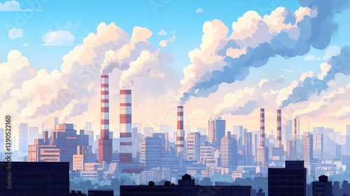 Industrial city skyline with smoking chimneys causing air pollution under clear sky and distant clouds