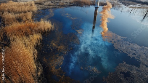 Power plant wastewater outflow contaminating the nearby aquatic environment. -