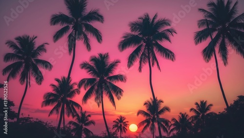 Tropical palm tree with vibrant bokeh sunlight against a cloudy sky abstract background. Nature travel adventure theme.