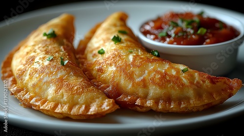 Golden crispy empanadas with flaky pastry crust served on white plate alongside fresh tomato salsa garnished with chopped herbs, close up view of Latin American cuisine.