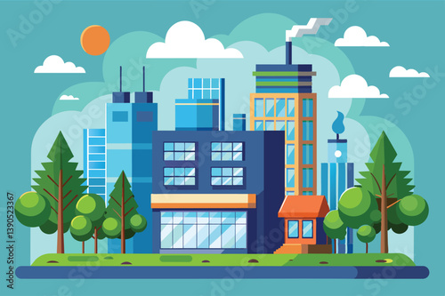 A vibrant urban landscape showcases modern buildings with varied architectural styles, surrounded by lush trees under a clear blue sky with fluffy clouds.