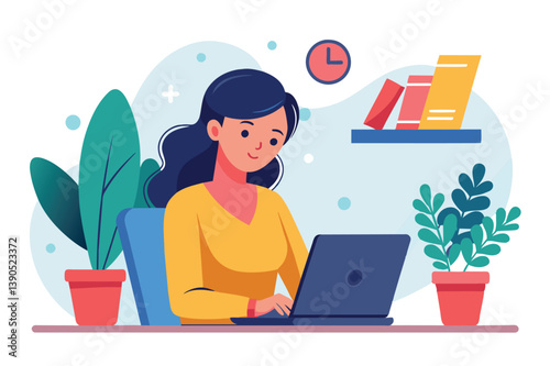In a bright and inviting home office, a young woman types on her laptop, surrounded by potted plants and a bookshelf, concentrating on her work.