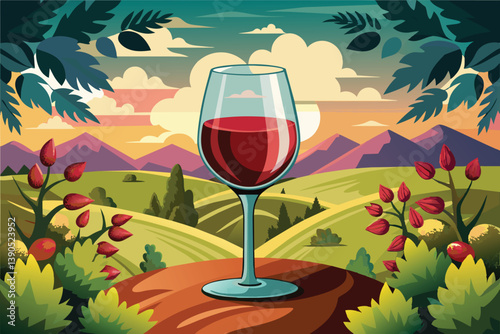 A glass of red wine rests on a stone amidst vibrant hills and foliage, with mountains in the background and a sunset illuminating the sky.