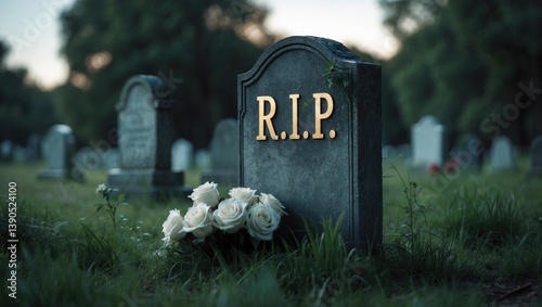 Solitary gravestone with sign in aged graveyard. Close-up of tombstone in grass with flower and lettering. Commemoration theme. Cemetery in the evening light.