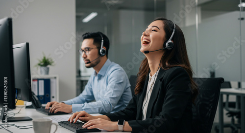 A joyful customer service agent laughs heartily while assisting a client, showcasing excellent teamwork and positive energy in a modern office setting with sleek computers.
