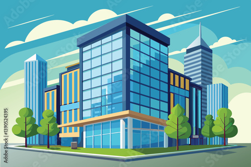 A contemporary structure featuring expansive glass windows stands out amid lush green trees and a vibrant blue sky, depicting a bustling urban environment.