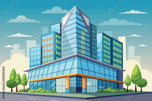 A modern commercial building features a striking blue glass exterior with vibrant green accents, surrounded by trees under a clear sky in an urban environment.