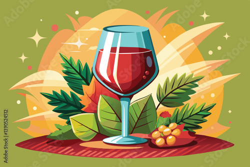 A clear glass filled with red wine sits on a rustic table, accompanied by colorful leaves and fruits, creating an inviting autumn atmosphere.