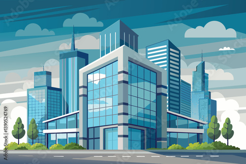 A contemporary glass structure stands prominently amidst tall skyscrapers under a partly cloudy sky, reflecting the vibrancy of urban life in the city.