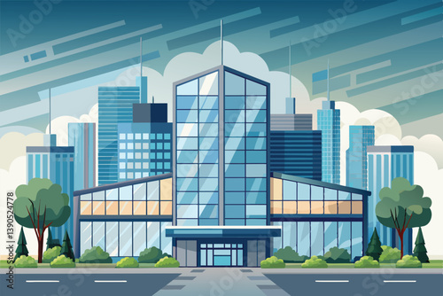 A contemporary office structure stands prominently in an urban environment, bordered by tall skyscrapers and lush green trees under an overcast sky.
