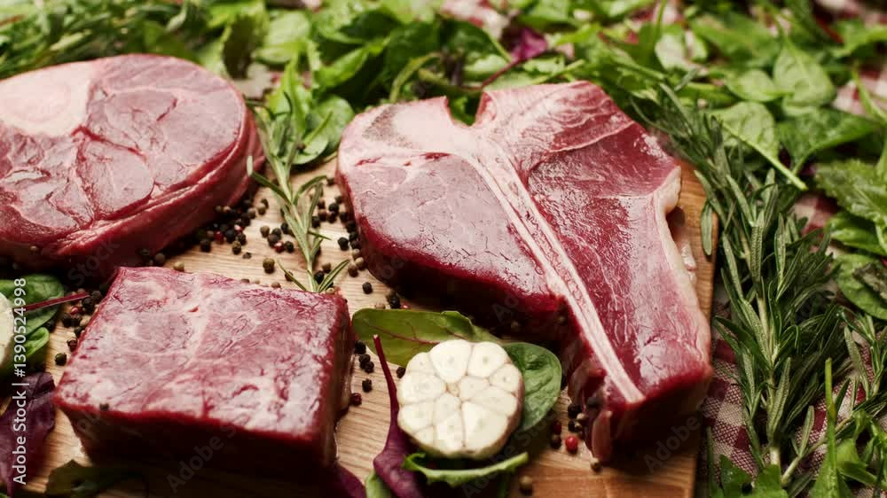 Variety of Raw Beef Steaks on Table, including T-bone and Osso Buco cuts