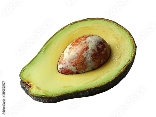 Closeup of a halved avocado, revealing its creamy texture and large pit.  A whole avocado sits beside it, showcasing the fruits dark, pebbly skin.