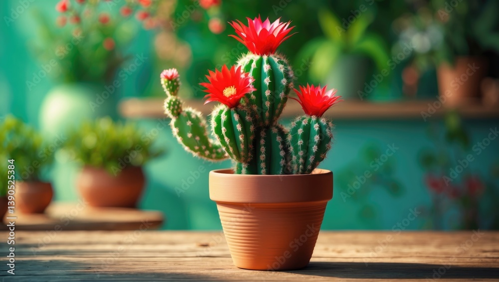 Gorgeous cactus in bloom in a pot on a wooden tabletop. Space for text. Gorgeous cactus in bloom in a pot on a wooden tabletop. Space for text.