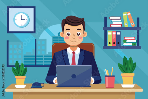 A young professional sits at a desk in a contemporary office, engaging with a laptop. The workspace features books, plants, and a clock, reflecting a productive atmosphere.