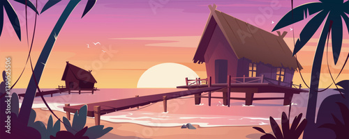 Tropical bungalows at sunset sea beach background banner for game design. Summer coastal wooden houses with flooring way, tropical palm trees silhouettes in dusk sky. Vector cartoon illustration.