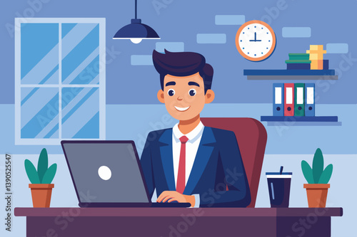 A young man in formal attire sits at a desk in a well-lit office, focused on his laptop while enjoying a productive moment amidst greenery and organized supplies.