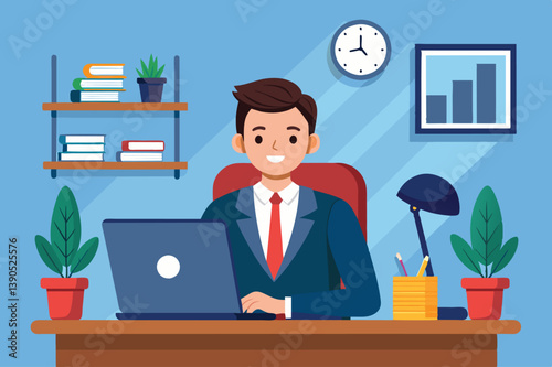 A young man sits confidently at his desk, using a laptop while surrounded by plants and office supplies, showcasing a bright and inviting workspace.