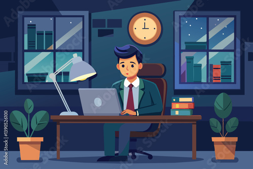 A young man in a suit sits at a desk, focused on his laptop, surrounded by potted plants and books while a clock ticks in the background.