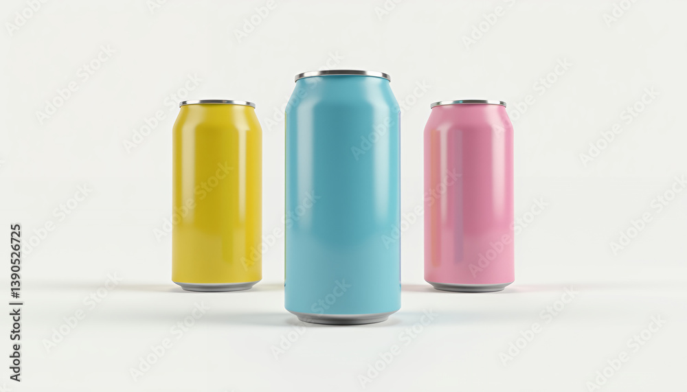 A mockup of a beverage tin can in a minimalist 3D style with realistic rendering. The can features a metallic texture with a matte finish, placed against a neutral background, ideal for showcasing bra A mockup of a beverage tin can in a minimalist 3D style with realistic rendering. The can features a metallic texture with a matte finish, placed against a neutral background, ideal for showcasing bra