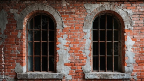 Two arched windows in an old vintage red brick wall. Abstract architectural loft backdrop for design.