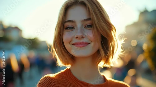 Portrait of a Young Woman Smiling Cheerfully Against a Glowing Sunset in a Joyful Outdoor Setting