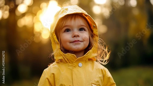 Happy Child Smiling in Yellow Raincoat Surrounded by Autumn Forest and Warm Sunlight