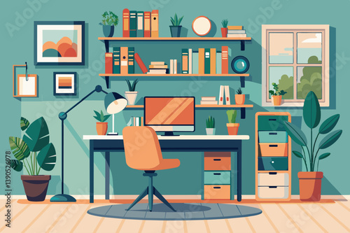 This home office features a desk with a computer, surrounded by shelves of books, vibrant plants, and natural light coming through a window.